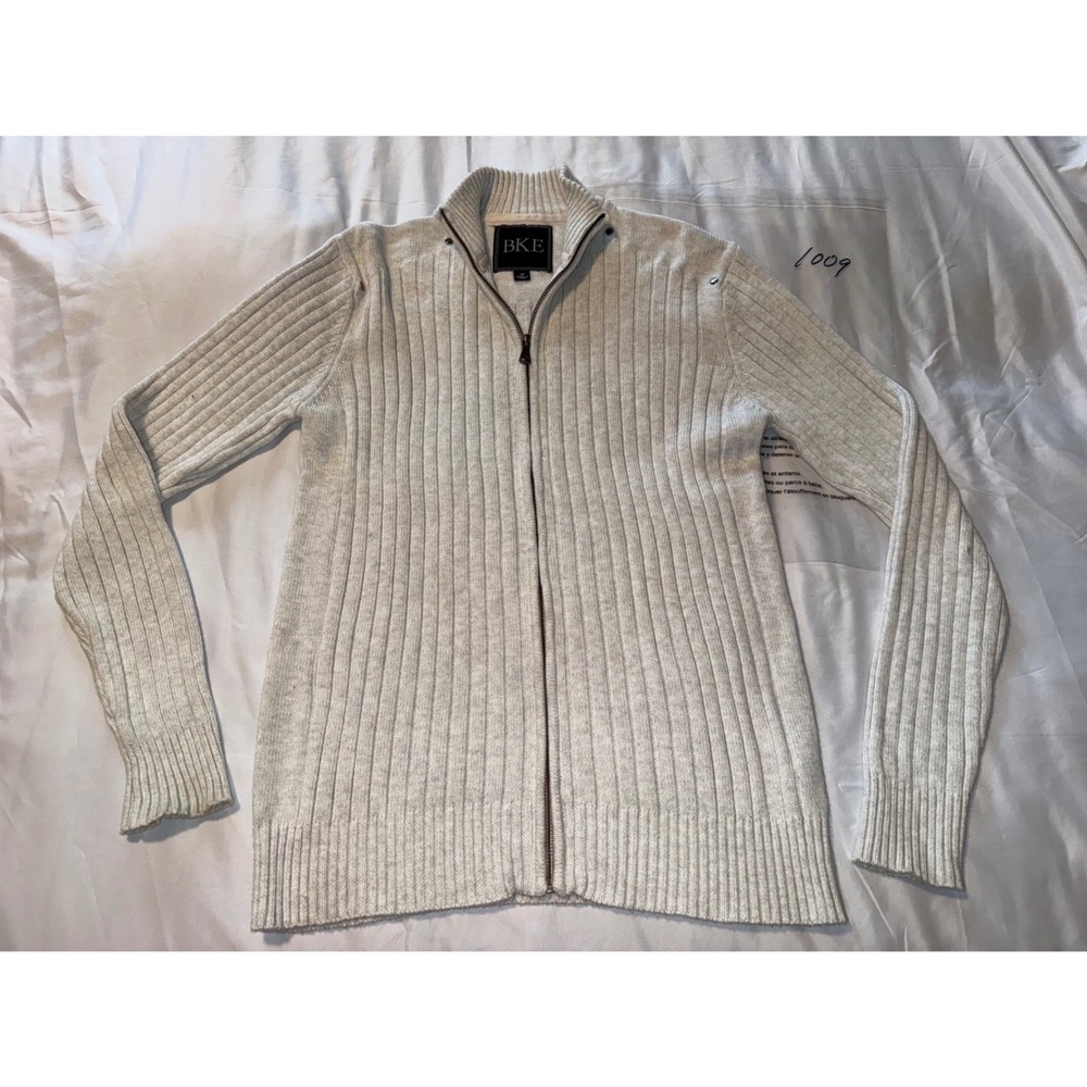 BKE Mens Full Zip Ribbed Knit Mock Neck Sweater Light Gray Heather Size M